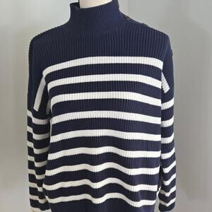 loft Navy white striped cotton acrylic sweater button detail on shoulders small